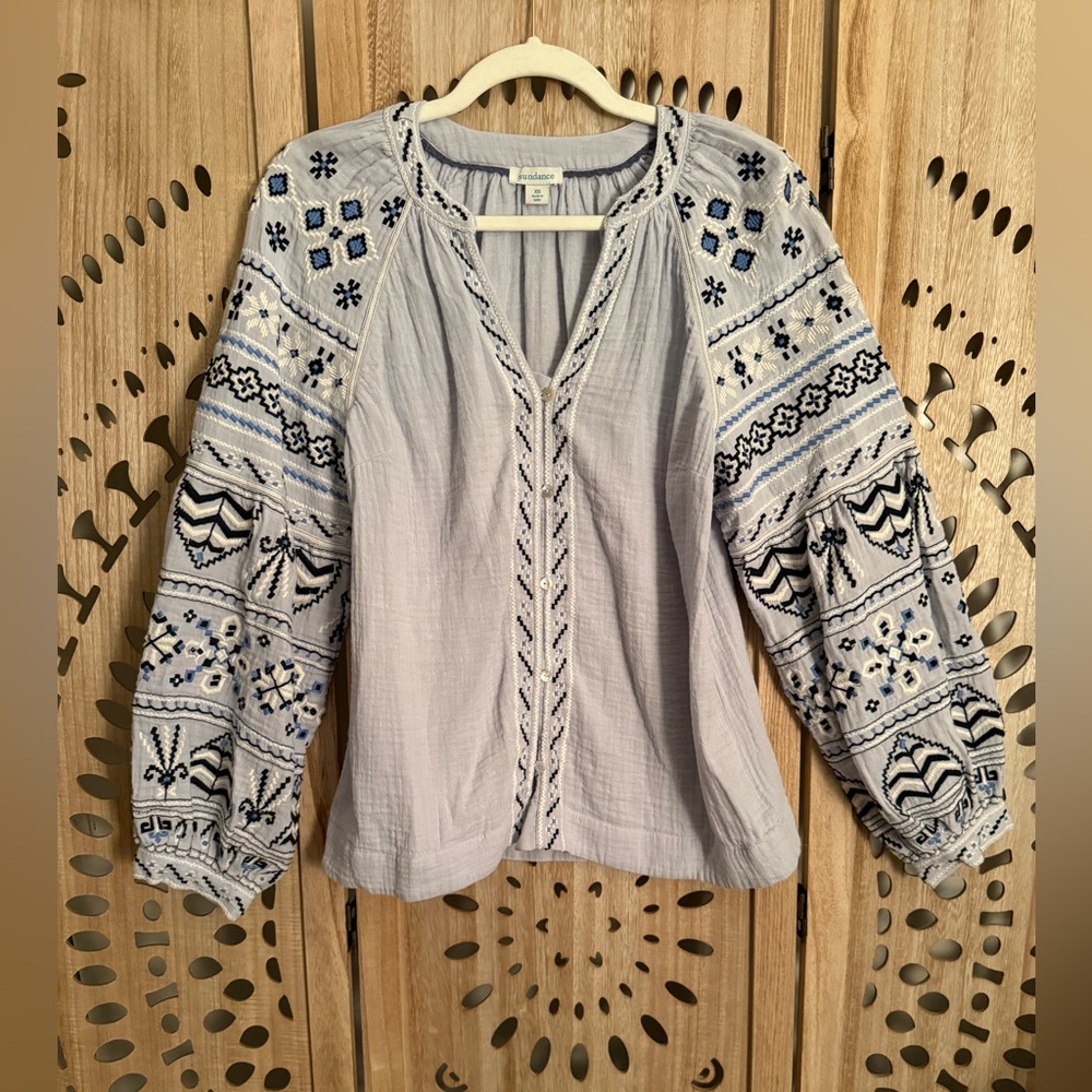 Sundance Moonshadow Embroidered Cotton Gauze Boho Peasant Top